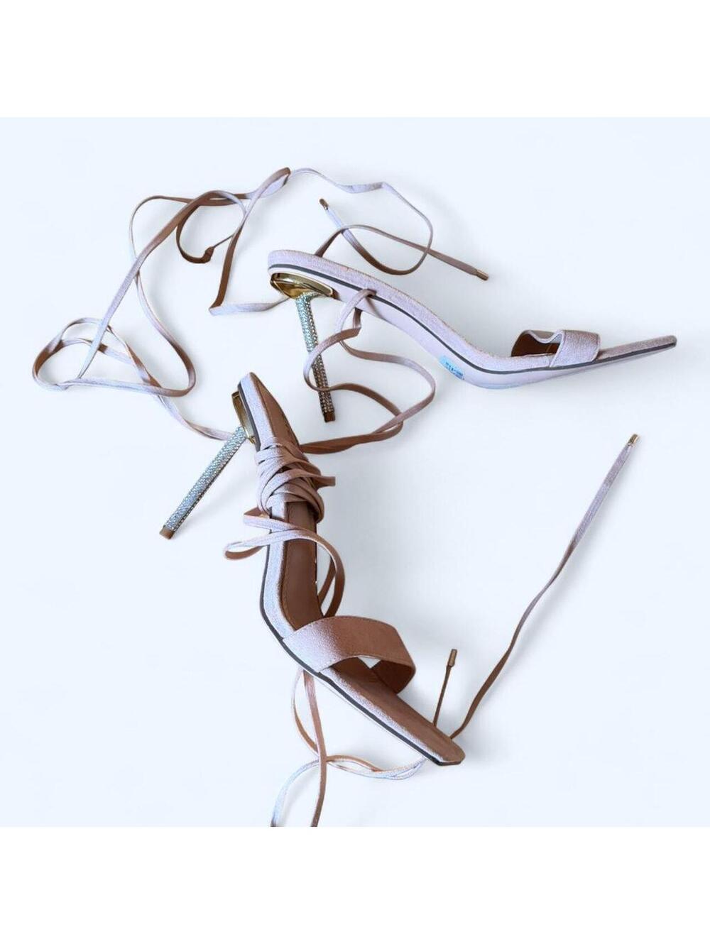 Liliana nude suede lace-up sandals rhinestone heel